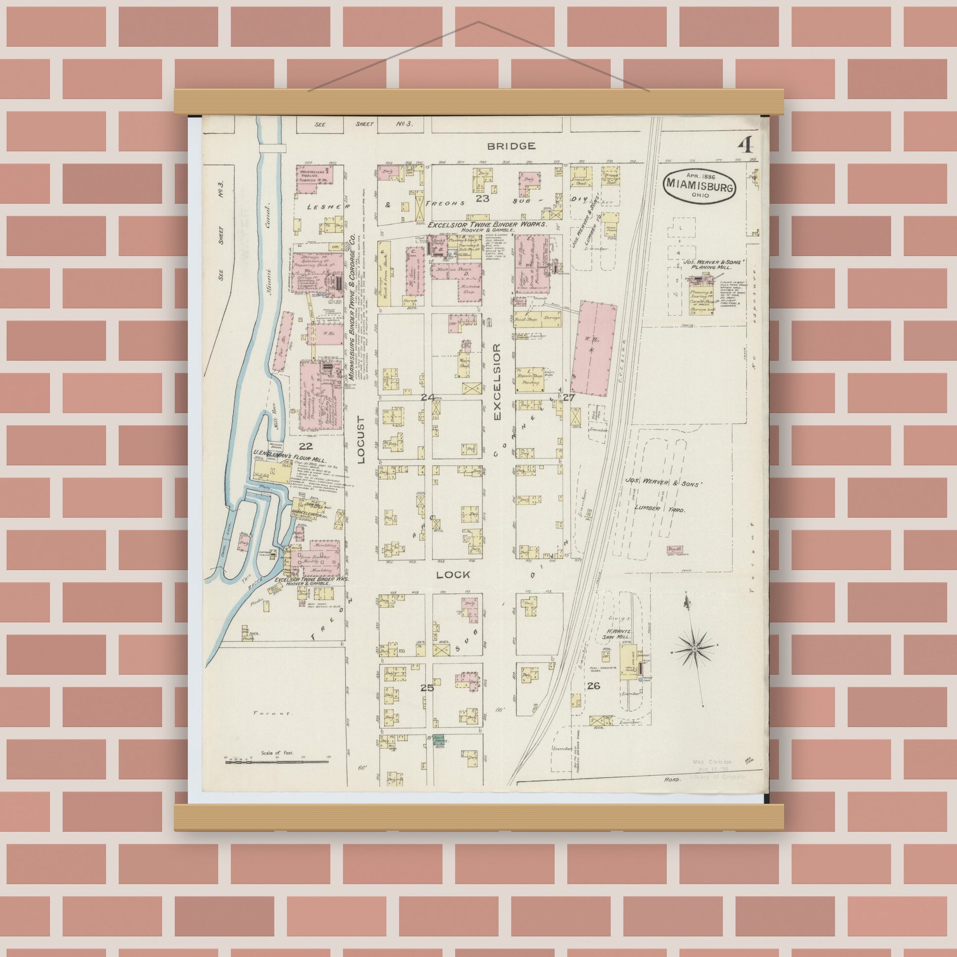 Old map wall art mockup — magnetic wood frame on brick wall — Sanborn Fire Insurance Map from Miamisburg, Montgomery County, Ohio (1886), Sheet #0004