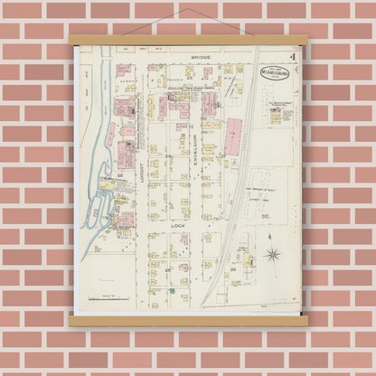 Old map wall art mockup — magnetic wood frame on brick wall — Sanborn Fire Insurance Map from Miamisburg, Montgomery County, Ohio (1886), Sheet #0004