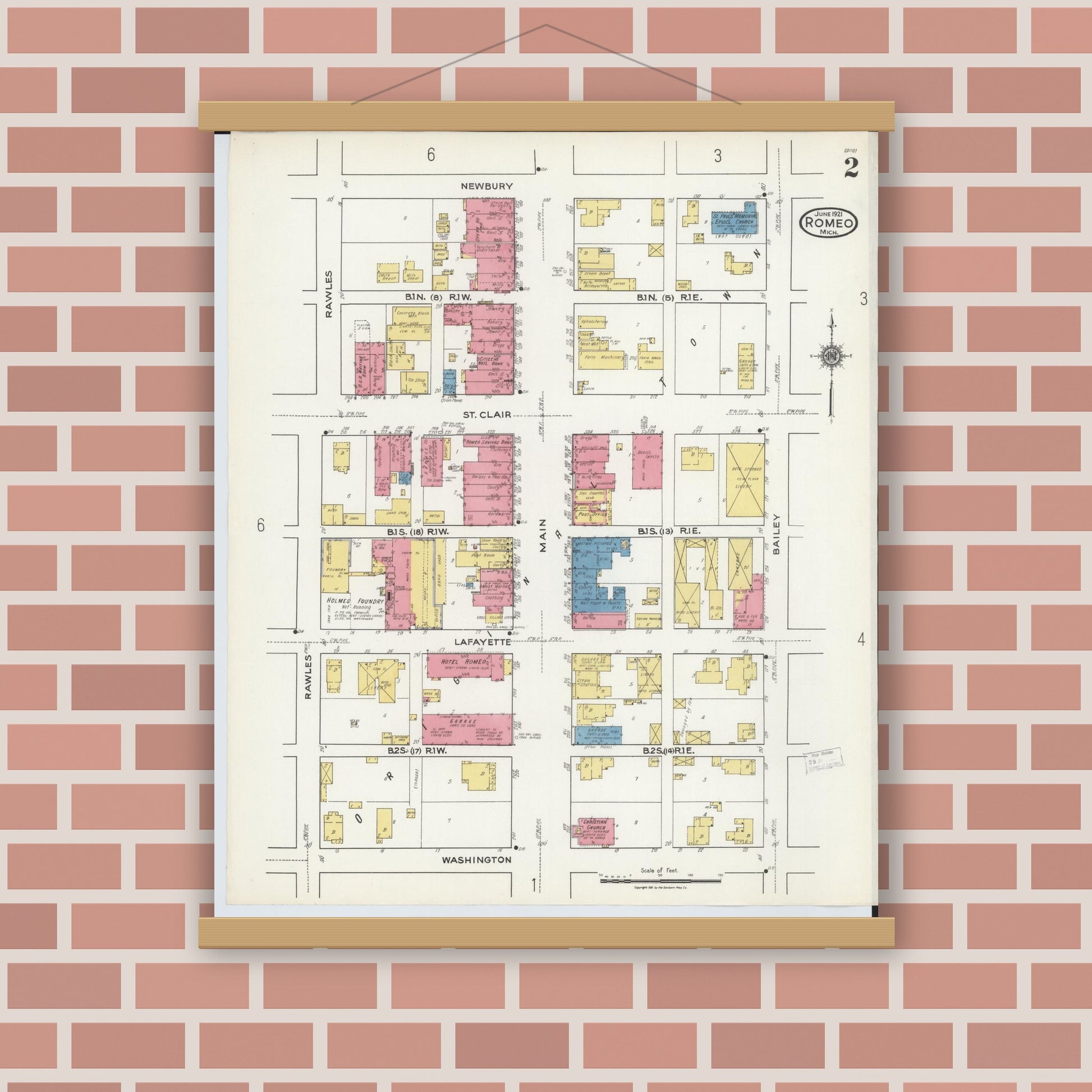 Old map wall art mockup — magnetic wood frame on brick wall — Sanborn Fire Insurance Map from Romeo, Macomb County, Michigan (1921), Sheet #0002