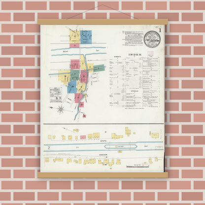 Old map wall art mockup — magnetic wood frame on brick wall — Sanborn Fire Insurance Map from Fort Plain, Montgomery County, New York (1906), Sheet #0001