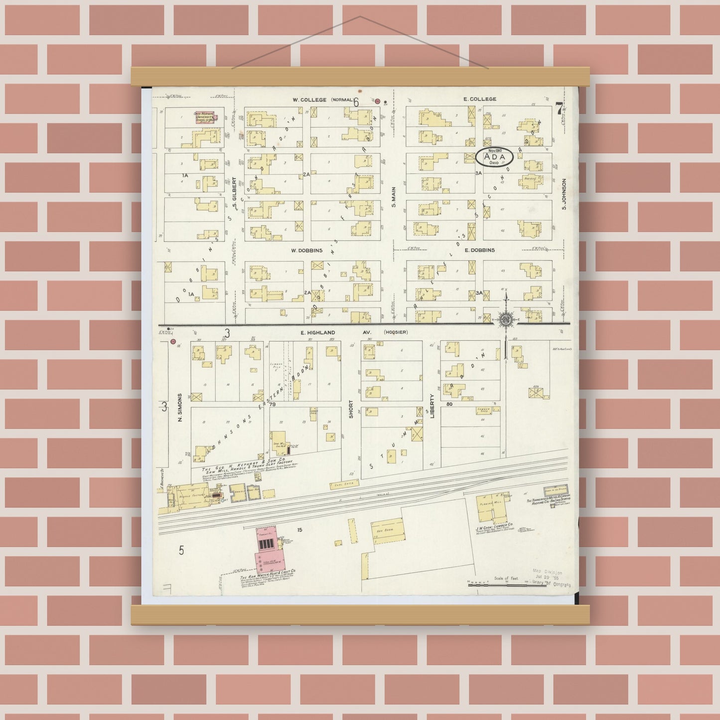 Old map wall art mockup — magnetic wood frame on brick wall — Sanborn Fire Insurance Map from Ada, Hardin County, Ohio (1910), Sheet #0007