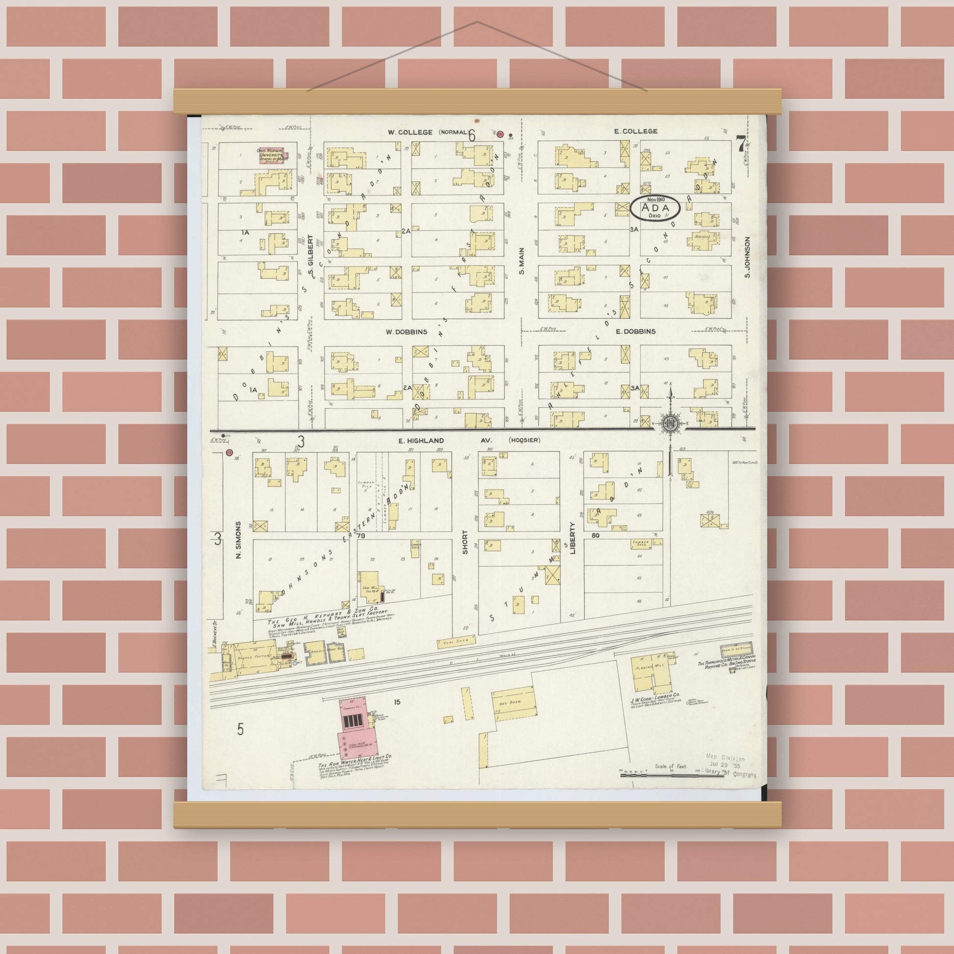 Old map wall art mockup — magnetic wood frame on brick wall — Sanborn Fire Insurance Map from Ada, Hardin County, Ohio (1910), Sheet #0007