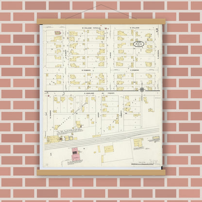 Old map wall art mockup — magnetic wood frame on brick wall — Sanborn Fire Insurance Map from Ada, Hardin County, Ohio (1910), Sheet #0007