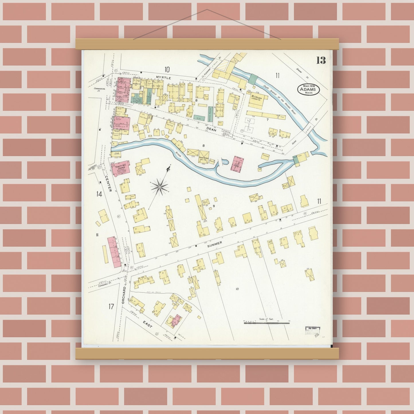Old map wall art mockup — magnetic wood frame on brick wall — Sanborn Fire Insurance Map from Adams, Berkshire County, Massachusetts (1908), Sheet #0013