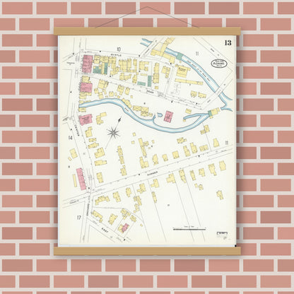 Old map wall art mockup — magnetic wood frame on brick wall — Sanborn Fire Insurance Map from Adams, Berkshire County, Massachusetts (1908), Sheet #0013
