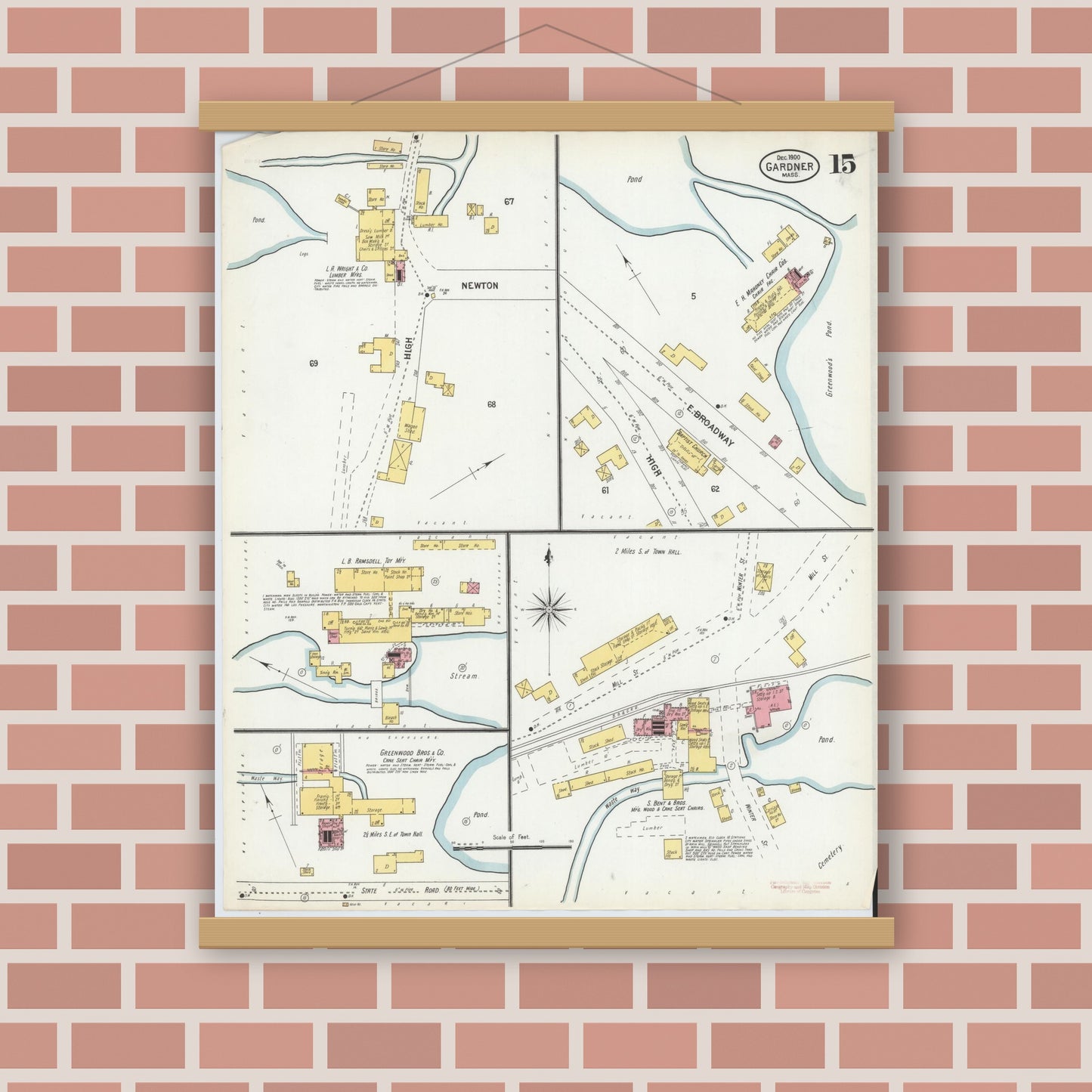 Old map wall art mockup — magnetic wood frame on brick wall — Sanborn Fire Insurance Map from Gardner, Worcester County, Massachusetts (1900), Sheet #0015