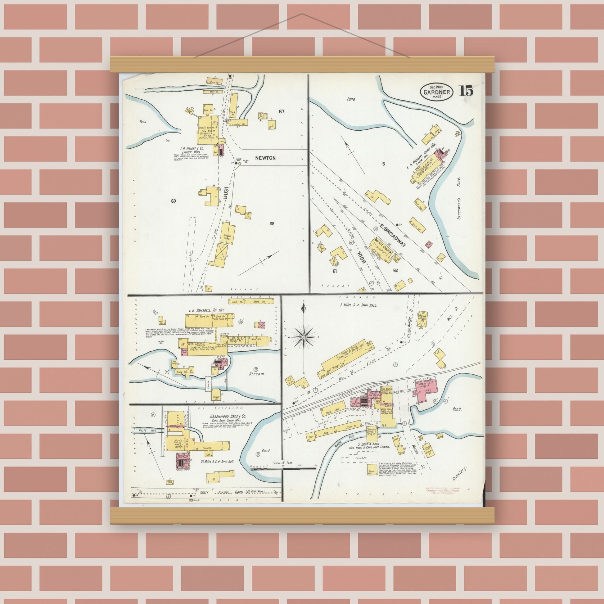 Old map wall art mockup — magnetic wood frame on brick wall — Sanborn Fire Insurance Map from Gardner, Worcester County, Massachusetts (1900), Sheet #0015