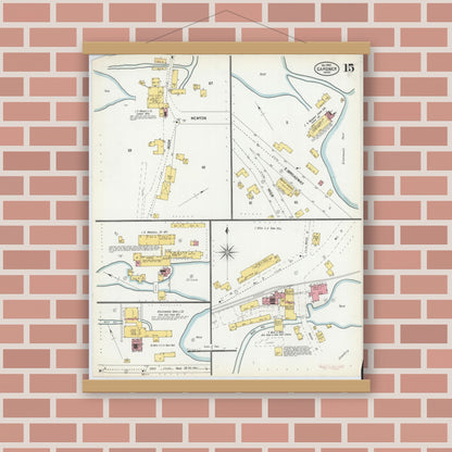 Old map wall art mockup — magnetic wood frame on brick wall — Sanborn Fire Insurance Map from Gardner, Worcester County, Massachusetts (1900), Sheet #0015
