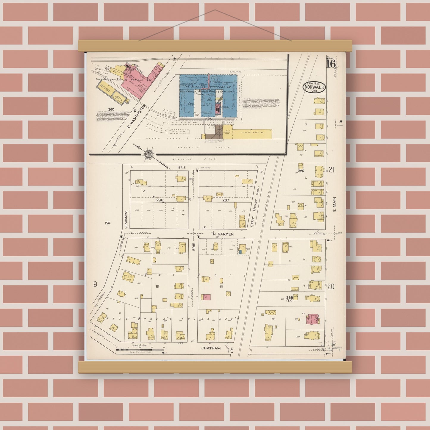 Old map wall art mockup — magnetic wood frame on brick wall — Sanborn Fire Insurance Map from Norwalk, Huron County, Ohio (1922), Sheet #0016