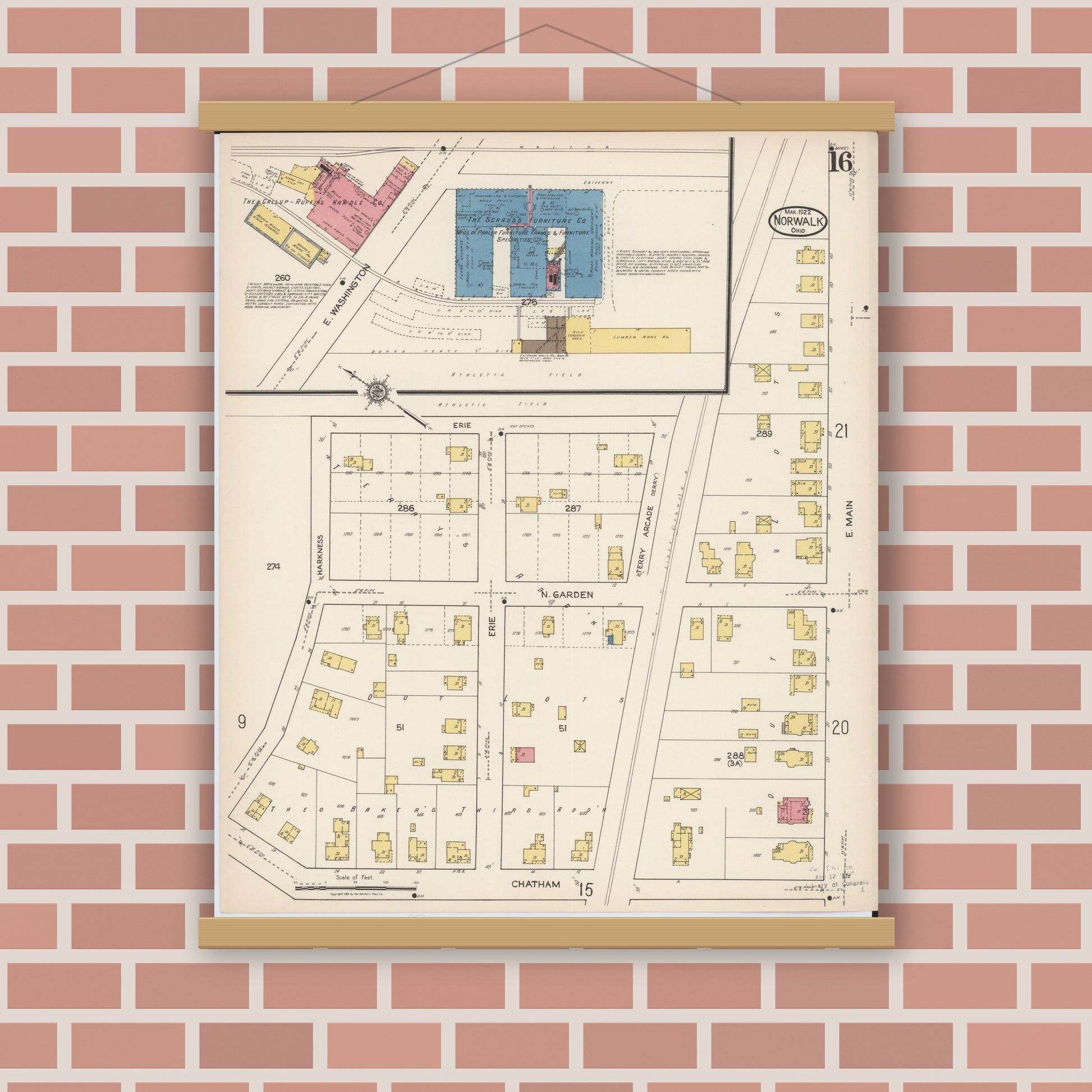 Old map wall art mockup — magnetic wood frame on brick wall — Sanborn Fire Insurance Map from Norwalk, Huron County, Ohio (1922), Sheet #0016