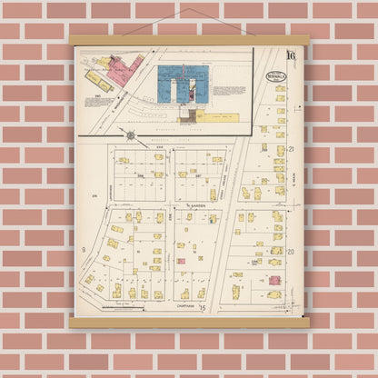 Old map wall art mockup — magnetic wood frame on brick wall — Sanborn Fire Insurance Map from Norwalk, Huron County, Ohio (1922), Sheet #0016