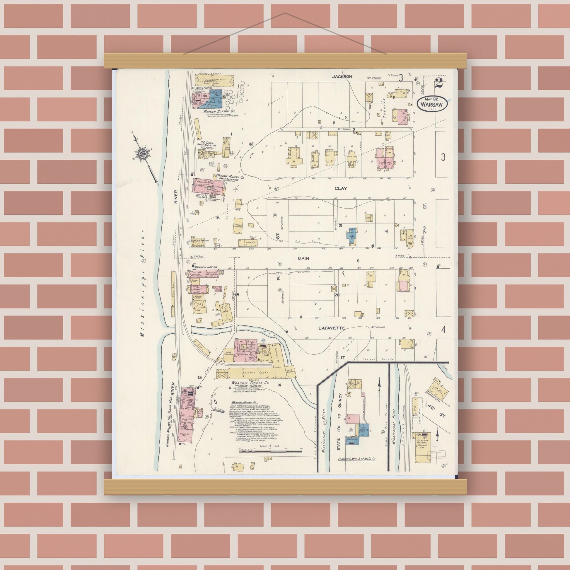 Old map wall art mockup — magnetic wood frame on brick wall — Sanborn Fire Insurance Map from Warsaw, Hancock County, Illinois (1912), Sheet #0002