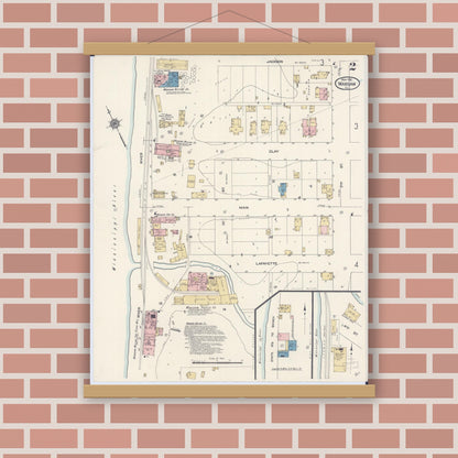 Old map wall art mockup — magnetic wood frame on brick wall — Sanborn Fire Insurance Map from Warsaw, Hancock County, Illinois (1912), Sheet #0002