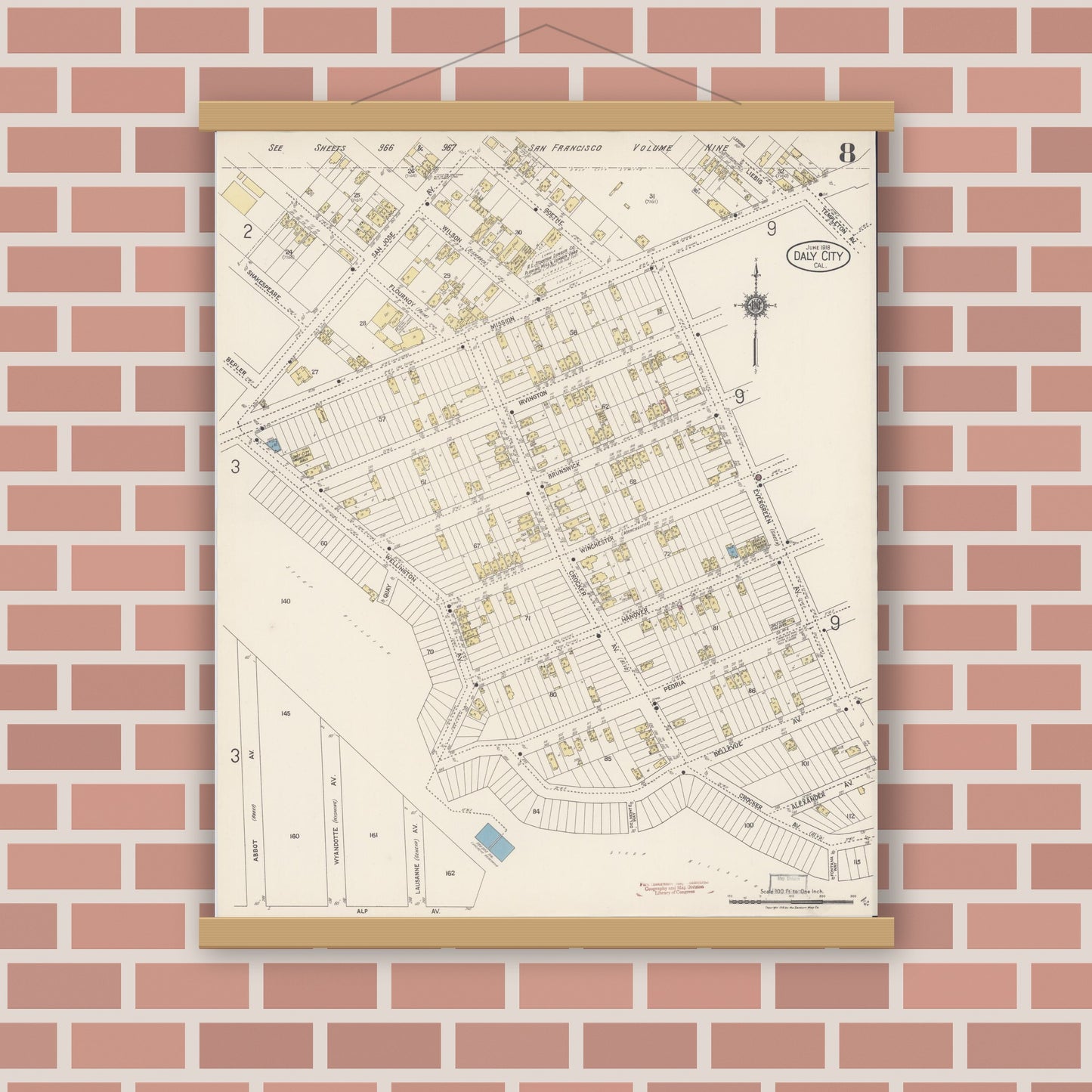 Old map wall art mockup — magnetic wood frame on brick wall — Sanborn Fire Insurance Map from Daly City, San Mateo County, California (1918), Sheet #0008