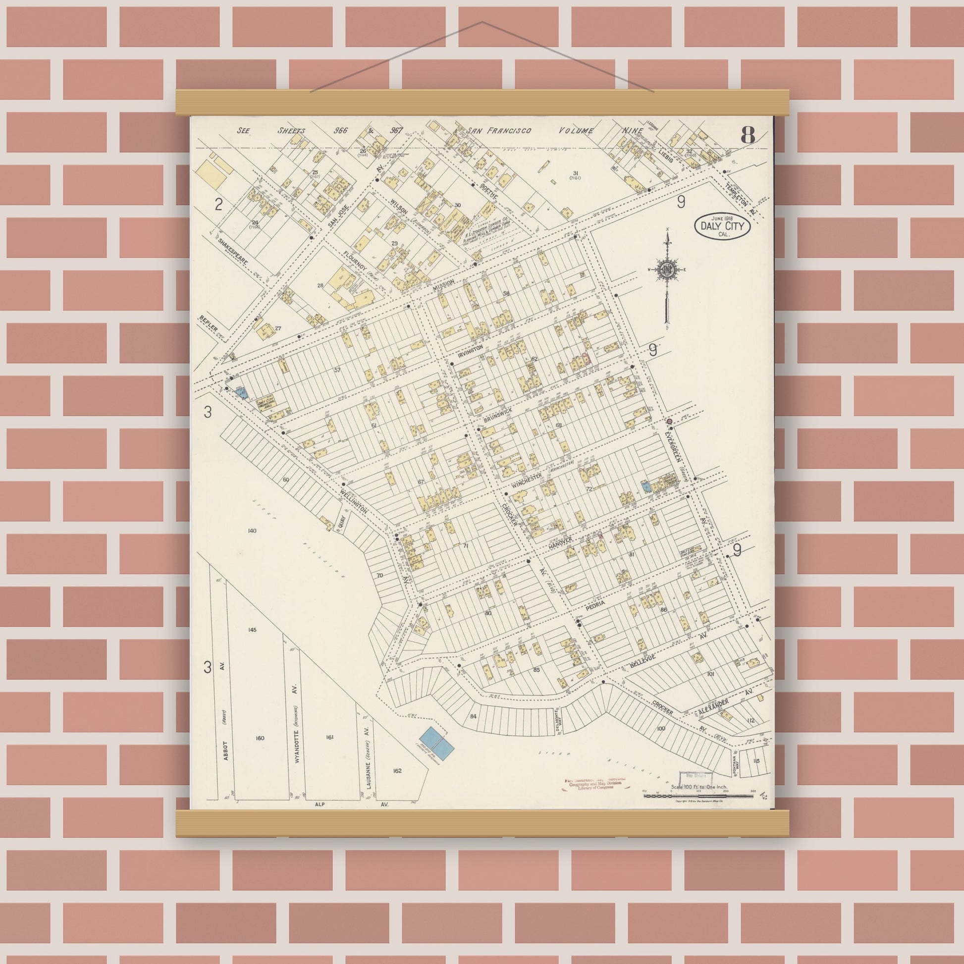 Old map wall art mockup — magnetic wood frame on brick wall — Sanborn Fire Insurance Map from Daly City, San Mateo County, California (1918), Sheet #0008