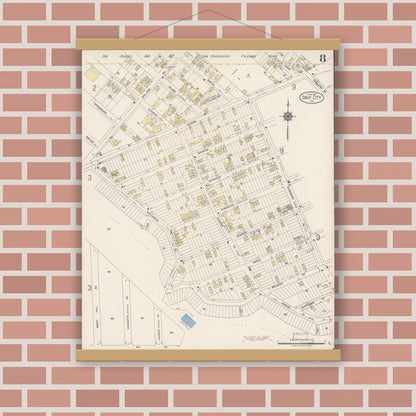 Old map wall art mockup — magnetic wood frame on brick wall — Sanborn Fire Insurance Map from Daly City, San Mateo County, California (1918), Sheet #0008