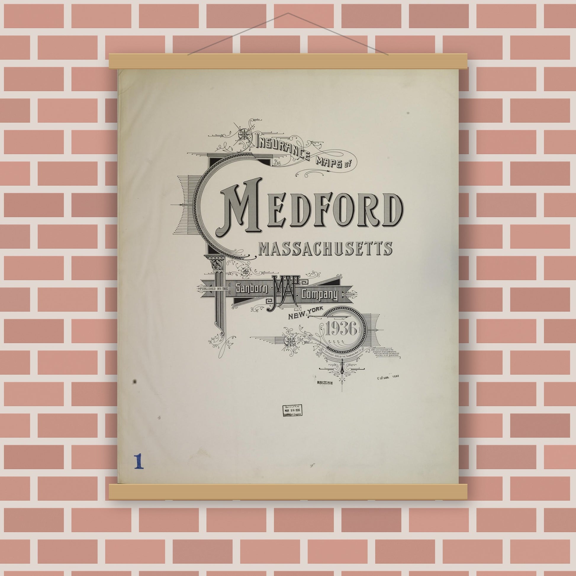 Old map wall art mockup — magnetic wood frame on brick wall — Sanborn Fire Insurance Map from Medford, Middlesex County, Massachusetts (1936), Sheet #0001