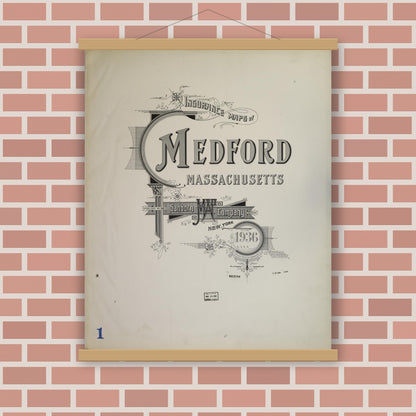 Old map wall art mockup — magnetic wood frame on brick wall — Sanborn Fire Insurance Map from Medford, Middlesex County, Massachusetts (1936), Sheet #0001