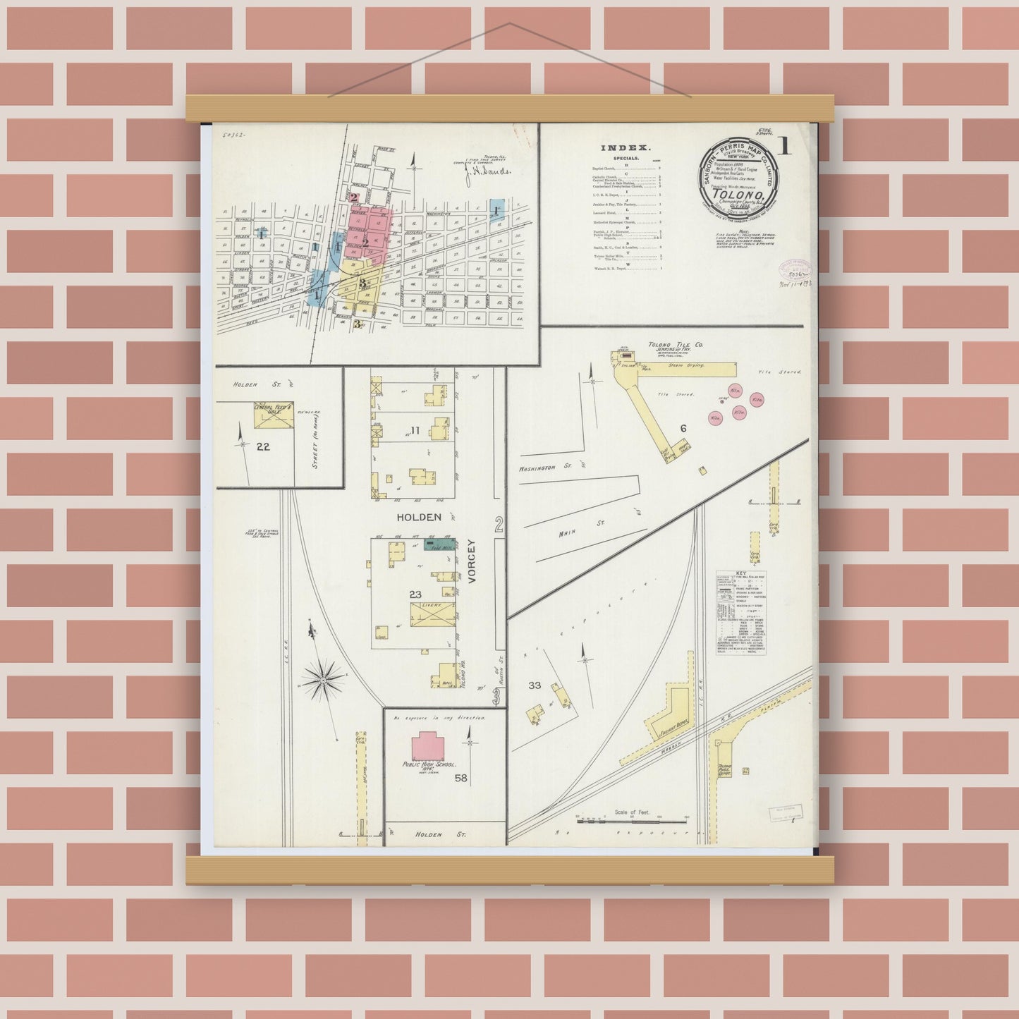 Old map wall art mockup — magnetic wood frame on brick wall — Sanborn Fire Insurance Map from Tolono, Champaign County, Illinois (1893) - Complete Map Set