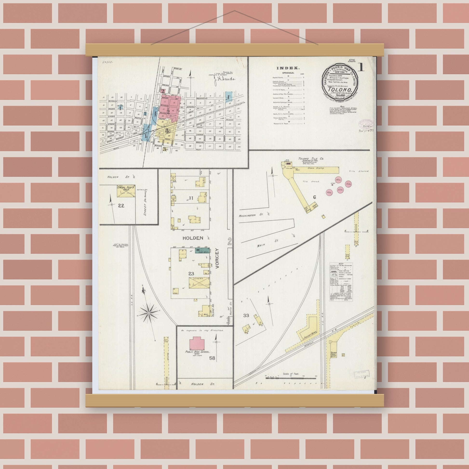 Old map wall art mockup — magnetic wood frame on brick wall — Sanborn Fire Insurance Map from Tolono, Champaign County, Illinois (1893) - Complete Map Set