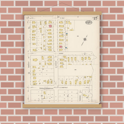 Old map wall art mockup — magnetic wood frame on brick wall — Sanborn Fire Insurance Map from Norwalk, Huron County, Ohio (1922), Sheet #0027