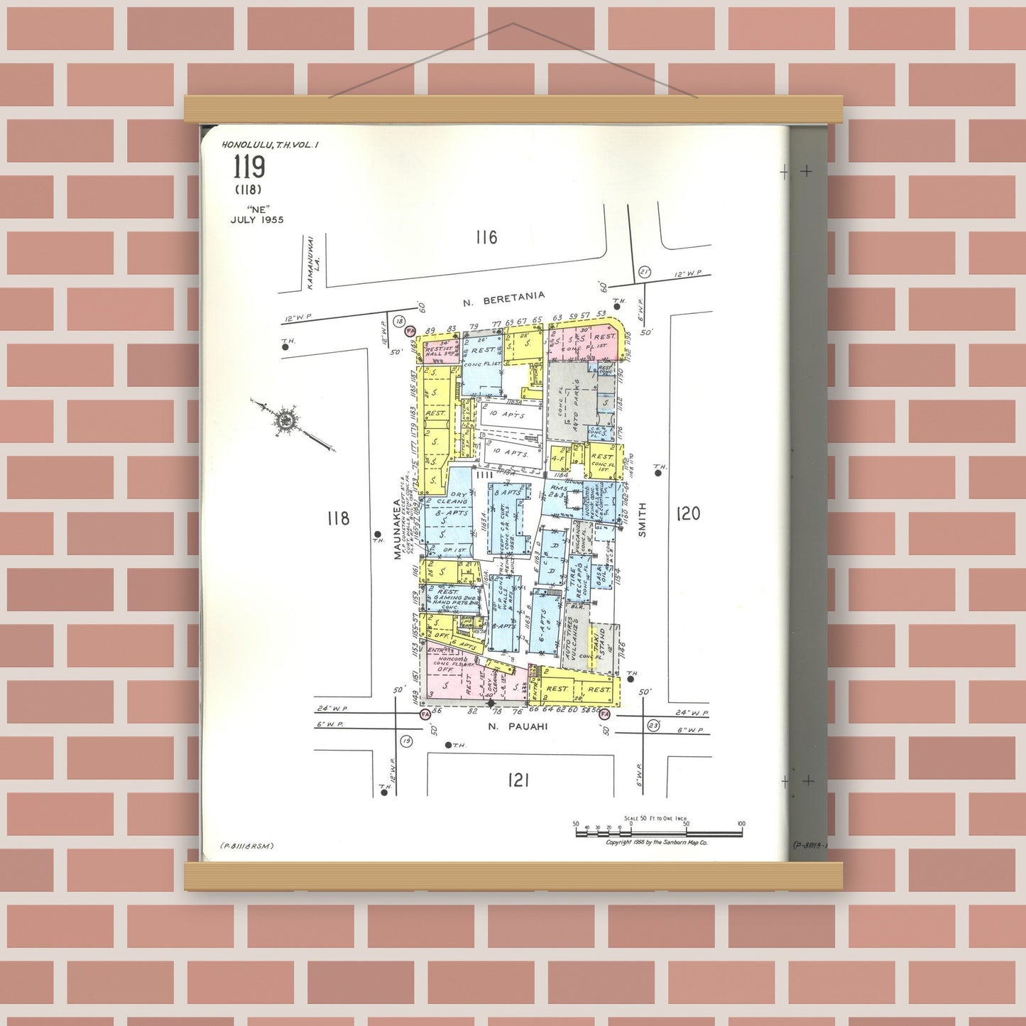 Old map wall art mockup — magnetic wood frame on brick wall — Sanborn Fire Insurance Map from Honolulu, Oahu County, Hawaii (1955), Sheet #0119
