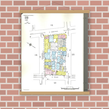 Old map wall art mockup — magnetic wood frame on brick wall — Sanborn Fire Insurance Map from Honolulu, Oahu County, Hawaii (1955), Sheet #0119