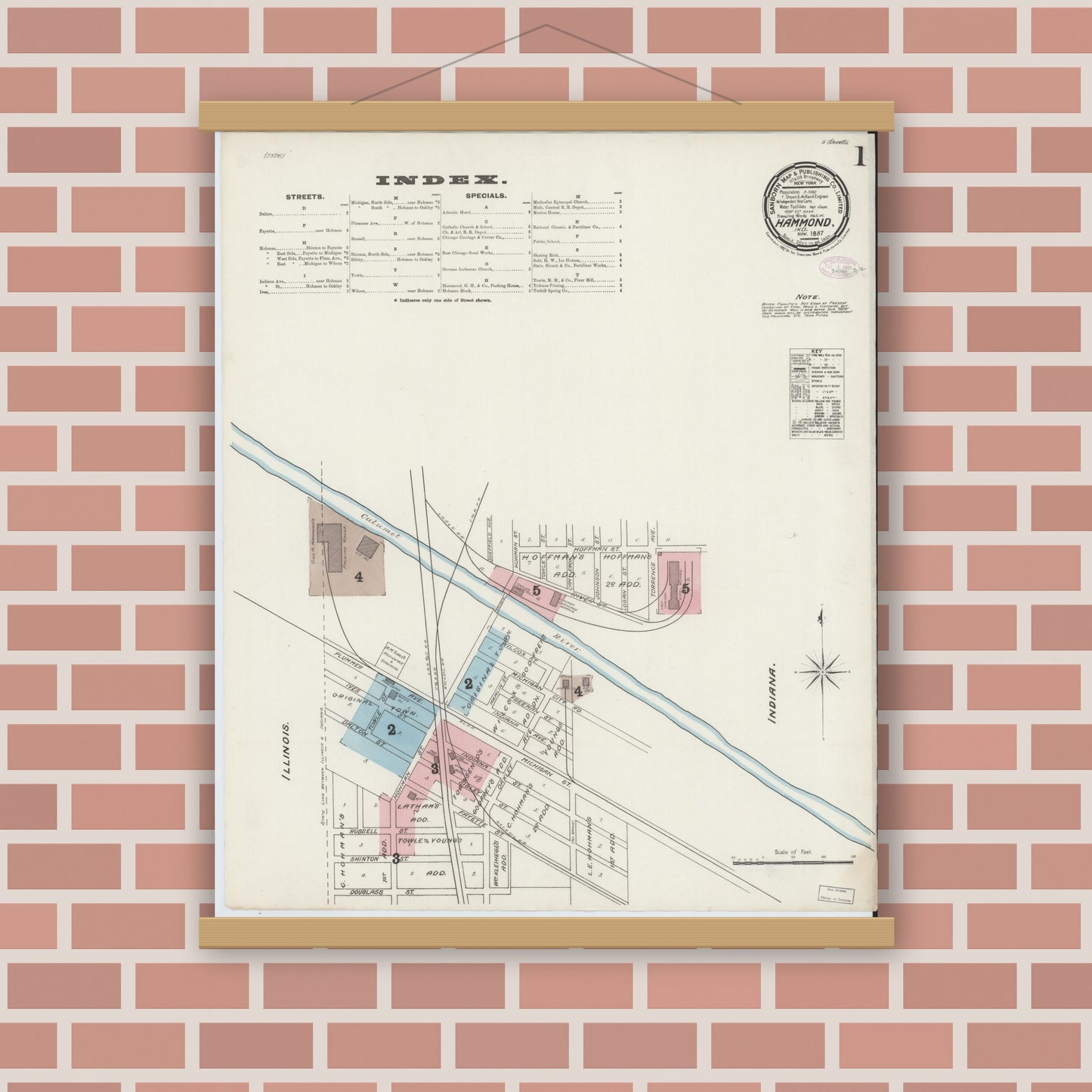 Old map wall art mockup — magnetic wood frame on brick wall — Sanborn Fire Insurance Map from Hammond, Lake County, Indiana (1887) - Complete Map Set