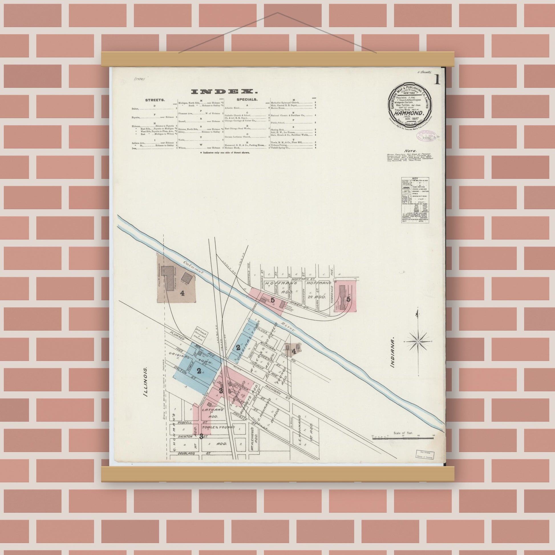 Old map wall art mockup — magnetic wood frame on brick wall — Sanborn Fire Insurance Map from Hammond, Lake County, Indiana (1887) - Complete Map Set