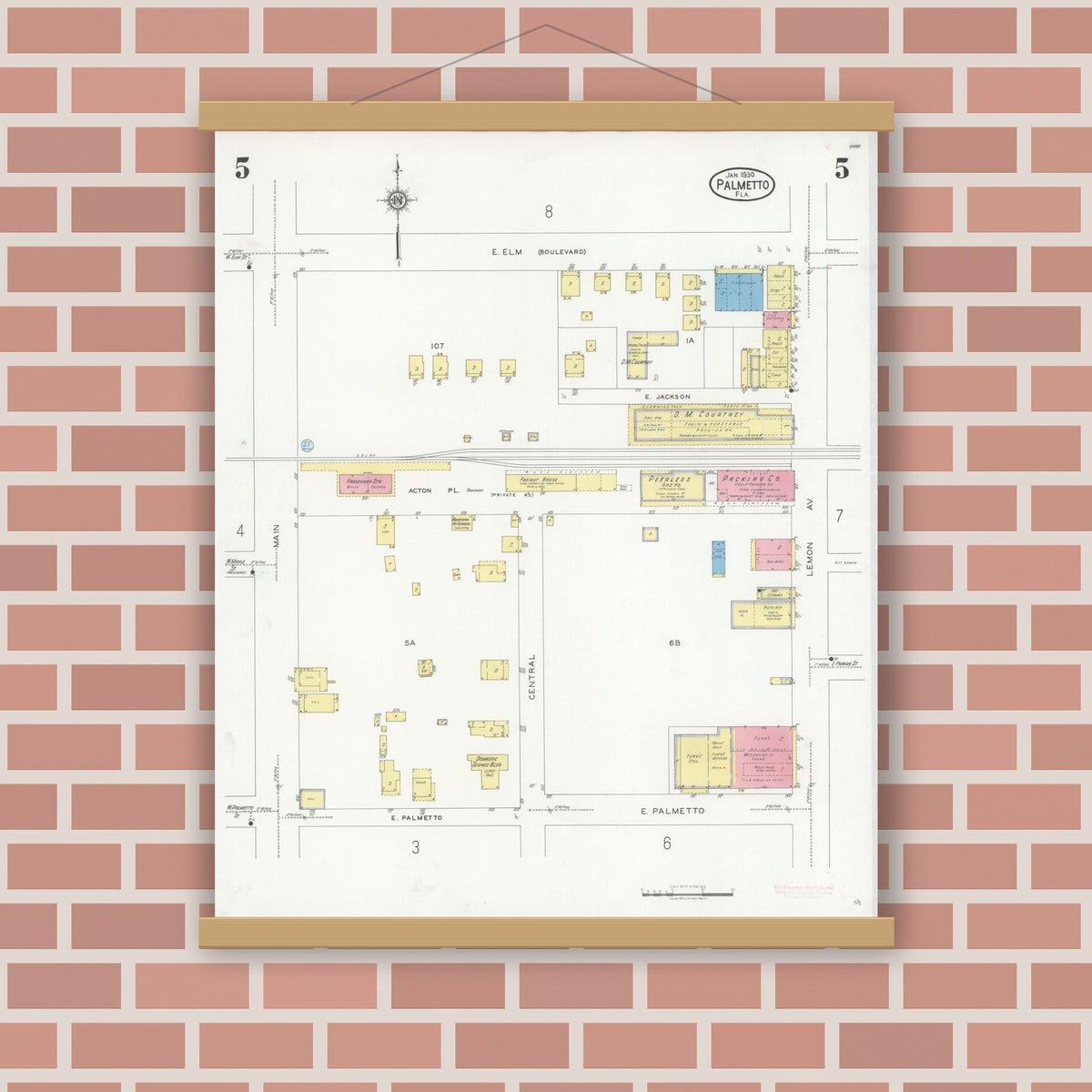 Old map wall art mockup — magnetic wood frame on brick wall — Sanborn Fire Insurance Map from Palmetto, Manatee County, Florida (1930), Sheet #0005