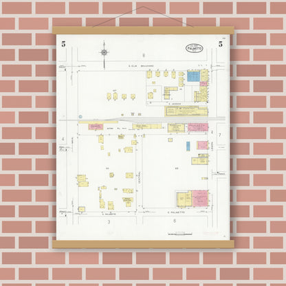 Old map wall art mockup — magnetic wood frame on brick wall — Sanborn Fire Insurance Map from Palmetto, Manatee County, Florida (1930), Sheet #0005