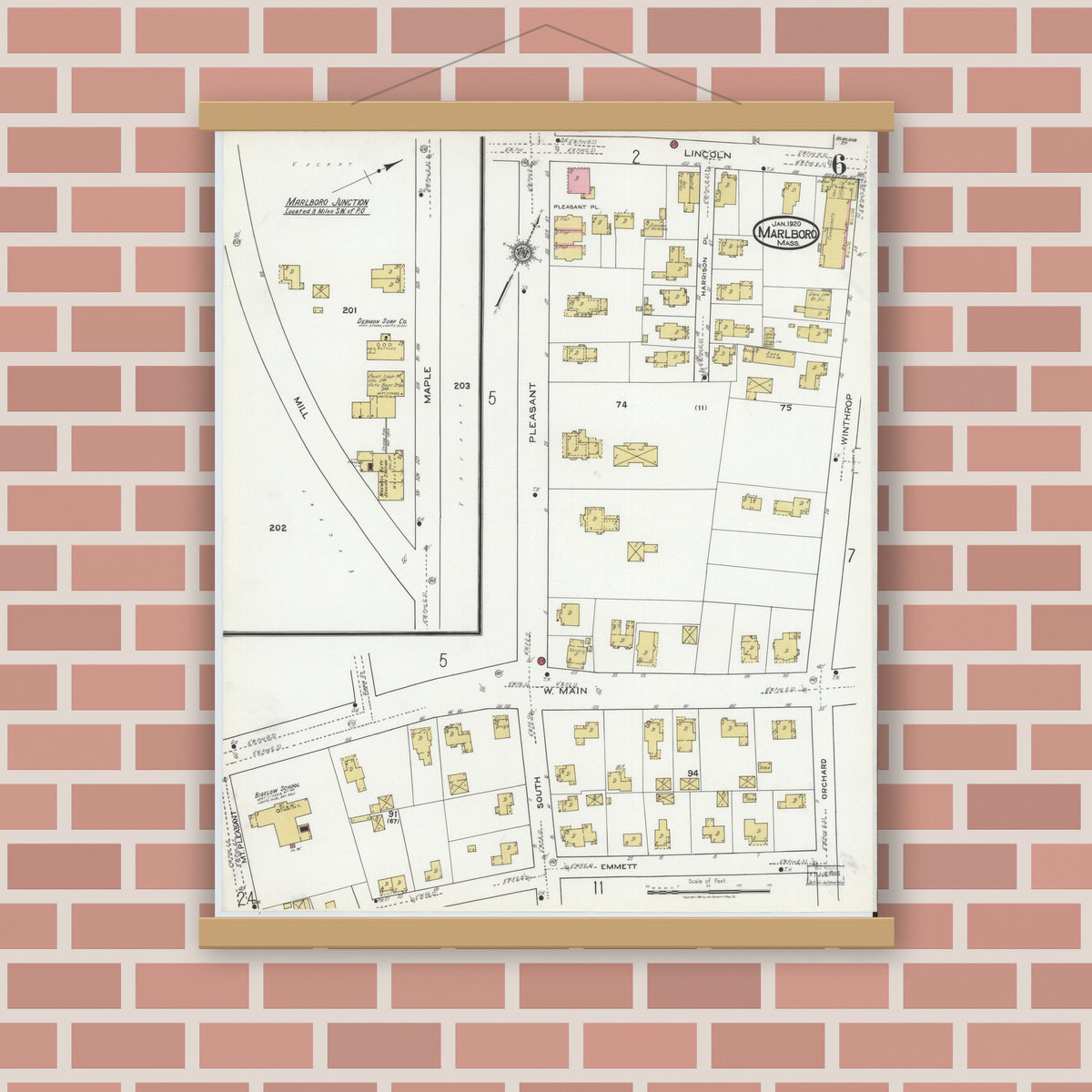 Old map wall art mockup — magnetic wood frame on brick wall — Sanborn Fire Insurance Map from Marlborough, Middlesex County, Massachusetts (1920), Sheet #0006