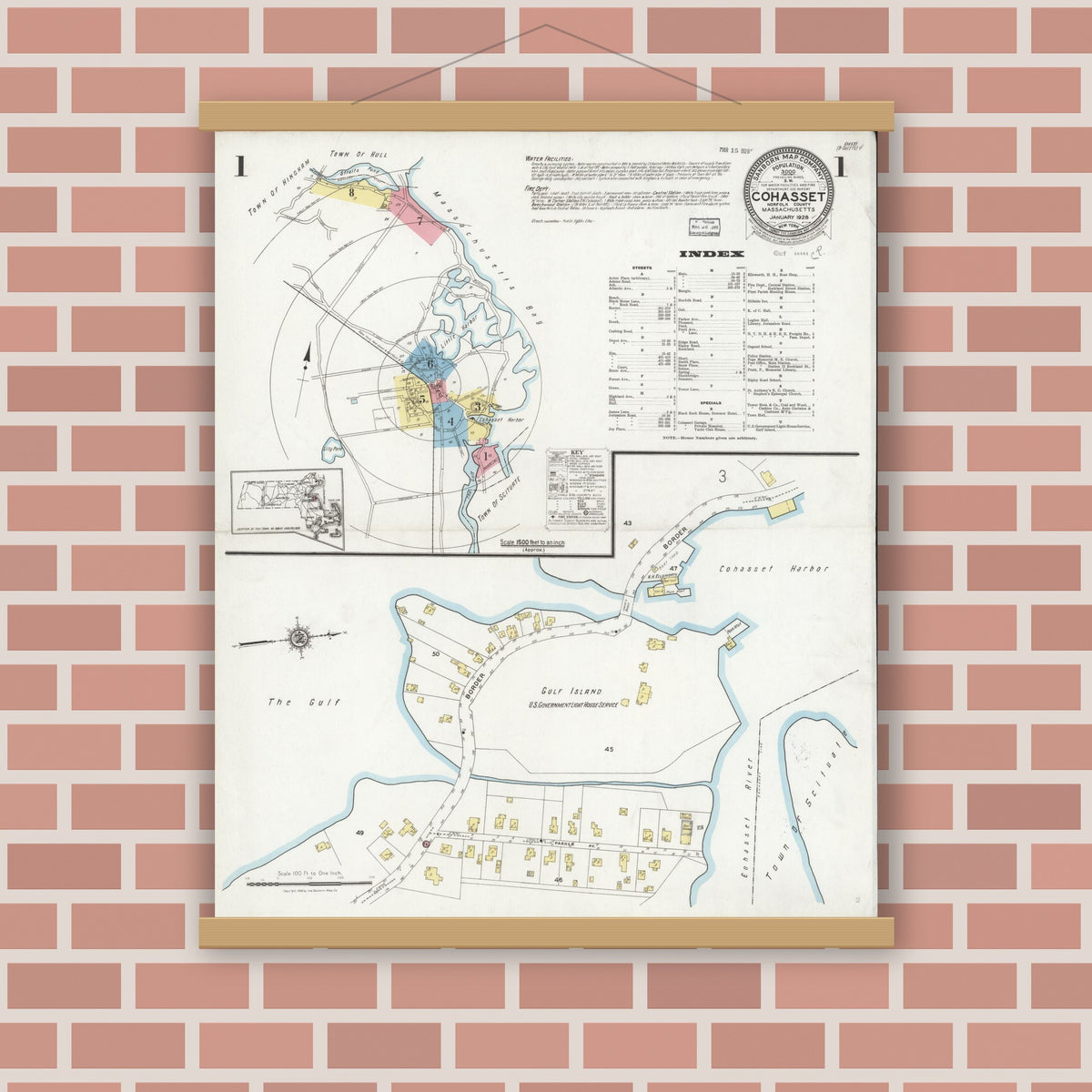 Old map wall art mockup — magnetic wood frame on brick wall — Sanborn Fire Insurance Map from Cohasset, Norfolk County, Massachusetts (1928), Sheet #0001