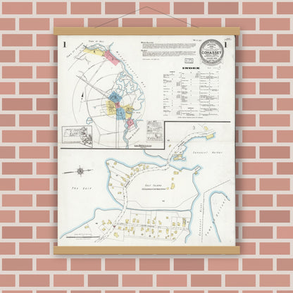 Old map wall art mockup — magnetic wood frame on brick wall — Sanborn Fire Insurance Map from Cohasset, Norfolk County, Massachusetts (1928), Sheet #0001