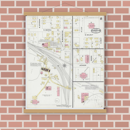 Old map wall art mockup — magnetic wood frame on brick wall — Sanborn Fire Insurance Map from Bloomington, McLean County, Illinois (1892), Sheet #0008
