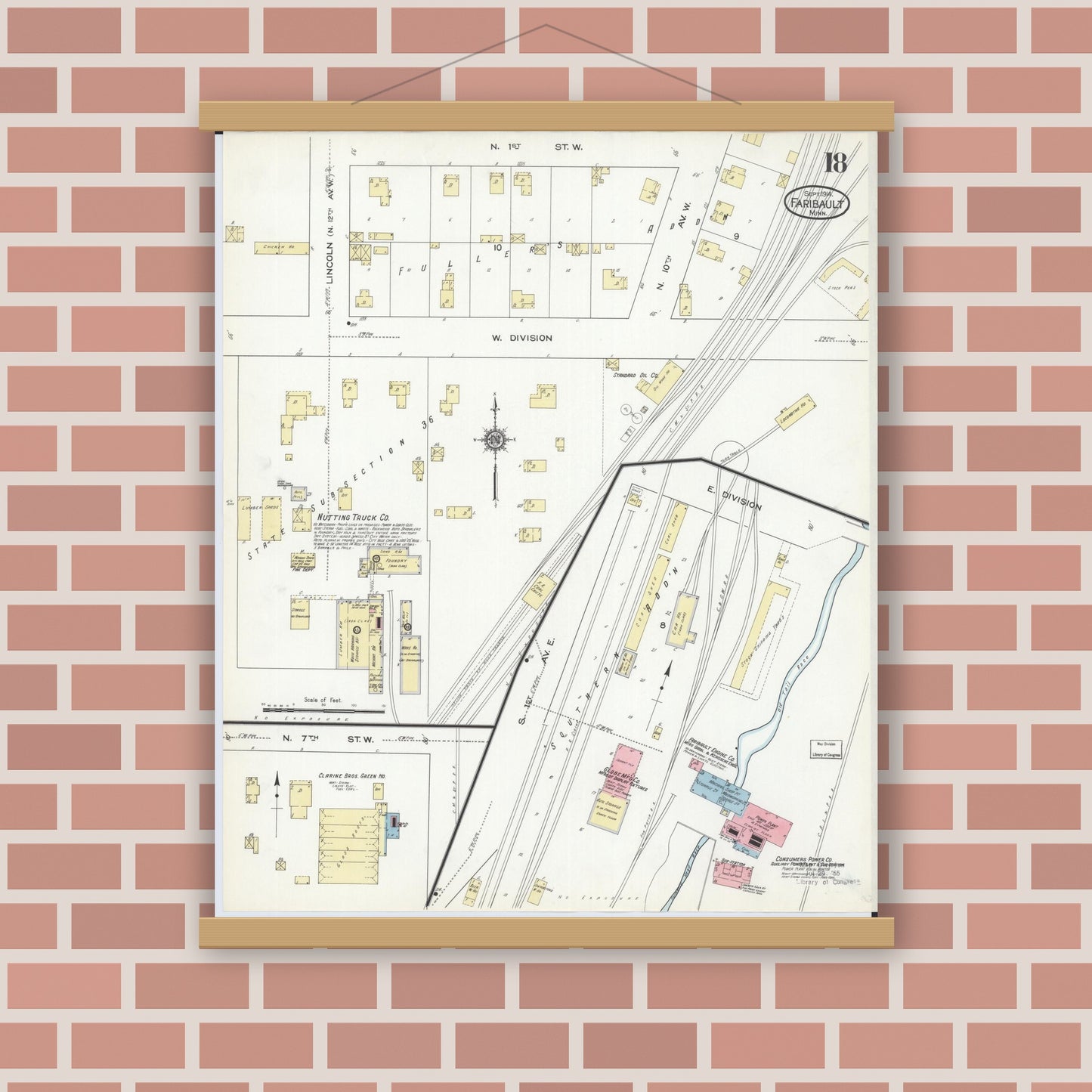 Old map wall art mockup — magnetic wood frame on brick wall — Sanborn Fire Insurance Map from Faribault, Rice County, Minnesota (1914), Sheet #0018