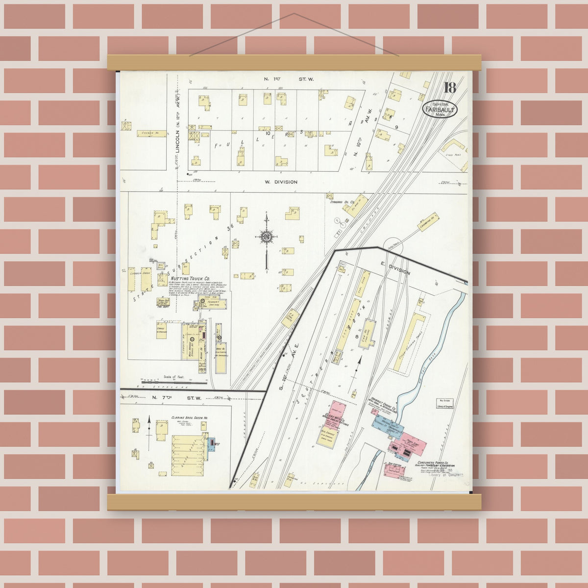 Old map wall art mockup — magnetic wood frame on brick wall — Sanborn Fire Insurance Map from Faribault, Rice County, Minnesota (1914), Sheet #0018