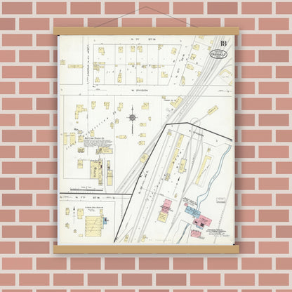 Old map wall art mockup — magnetic wood frame on brick wall — Sanborn Fire Insurance Map from Faribault, Rice County, Minnesota (1914), Sheet #0018
