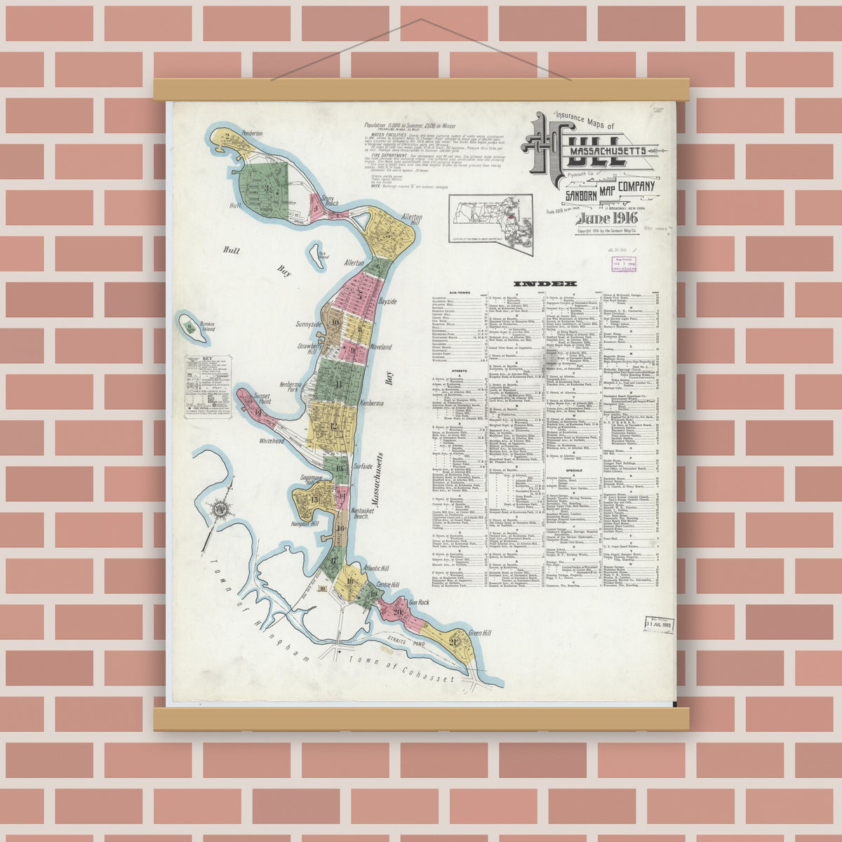 Old map wall art mockup — magnetic wood frame on brick wall — Sanborn Fire Insurance Map from Hull, Plymouth County, Massachusetts (1916) - Complete Map Set