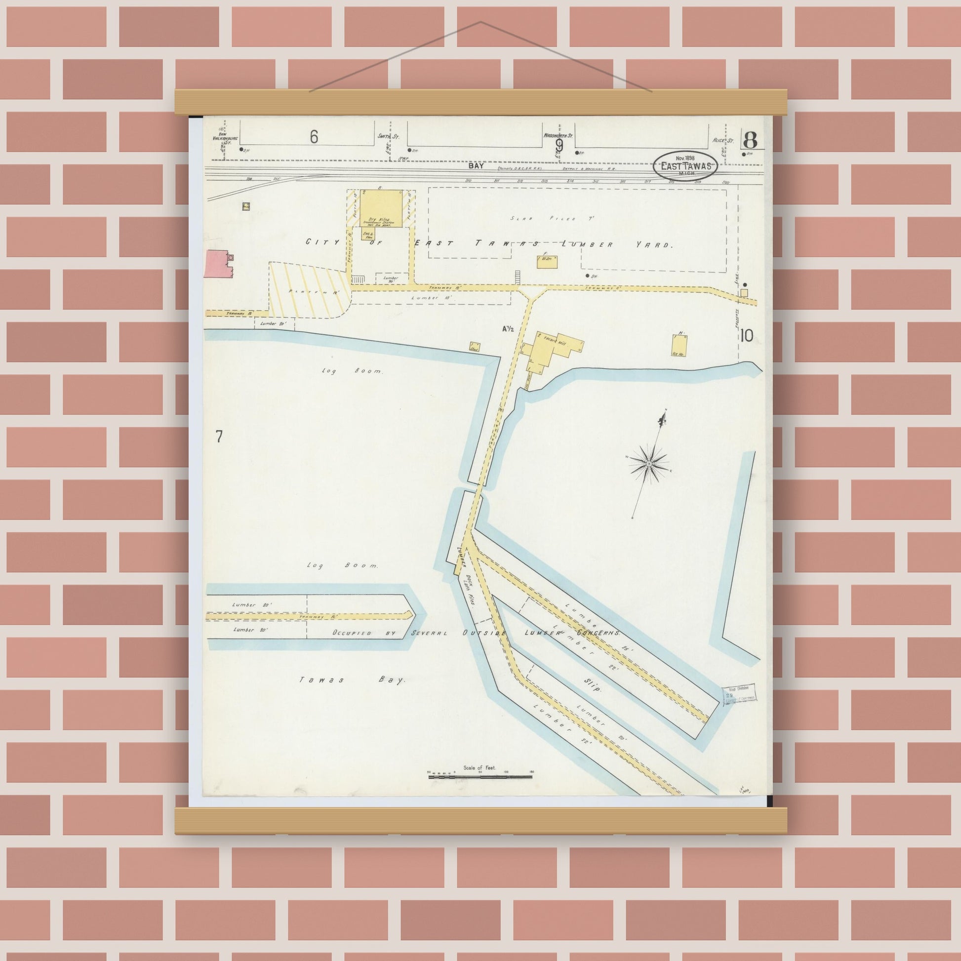 Old map wall art mockup — magnetic wood frame on brick wall — Sanborn Fire Insurance Map from Tawas City, Iosco County, Michigan (1898), Sheet #0008