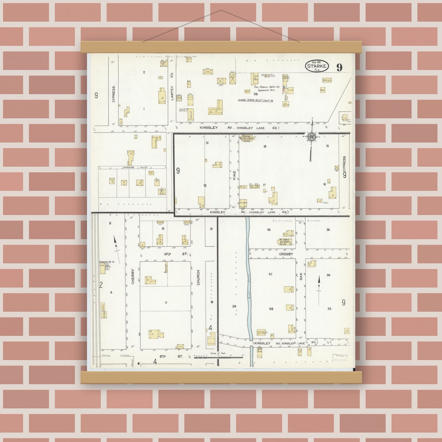 Old map wall art mockup — magnetic wood frame on brick wall — Sanborn Fire Insurance Map from Starke, Bradford County, Florida (1912), Sheet #0009