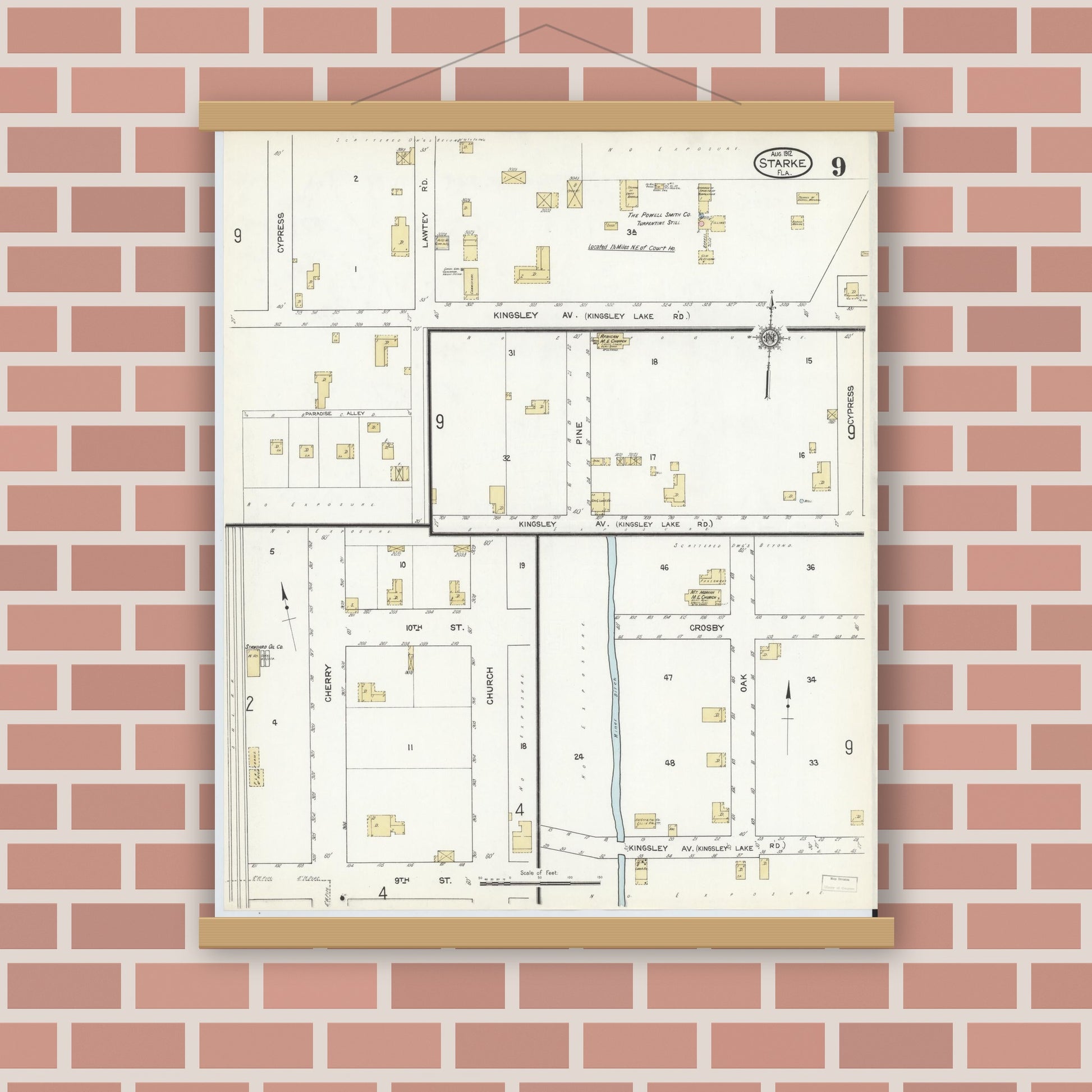 Old map wall art mockup — magnetic wood frame on brick wall — Sanborn Fire Insurance Map from Starke, Bradford County, Florida (1912), Sheet #0009