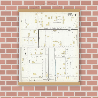 Old map wall art mockup — magnetic wood frame on brick wall — Sanborn Fire Insurance Map from Starke, Bradford County, Florida (1912), Sheet #0009