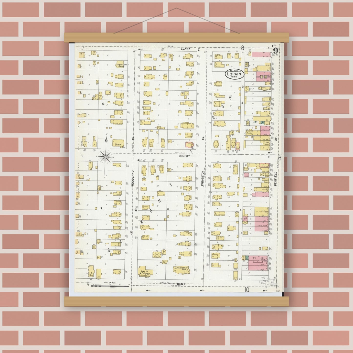 Old map wall art mockup — magnetic wood frame on brick wall — Sanborn Fire Insurance Map from Lorain, Lorain County, Ohio (1900), Sheet #0009