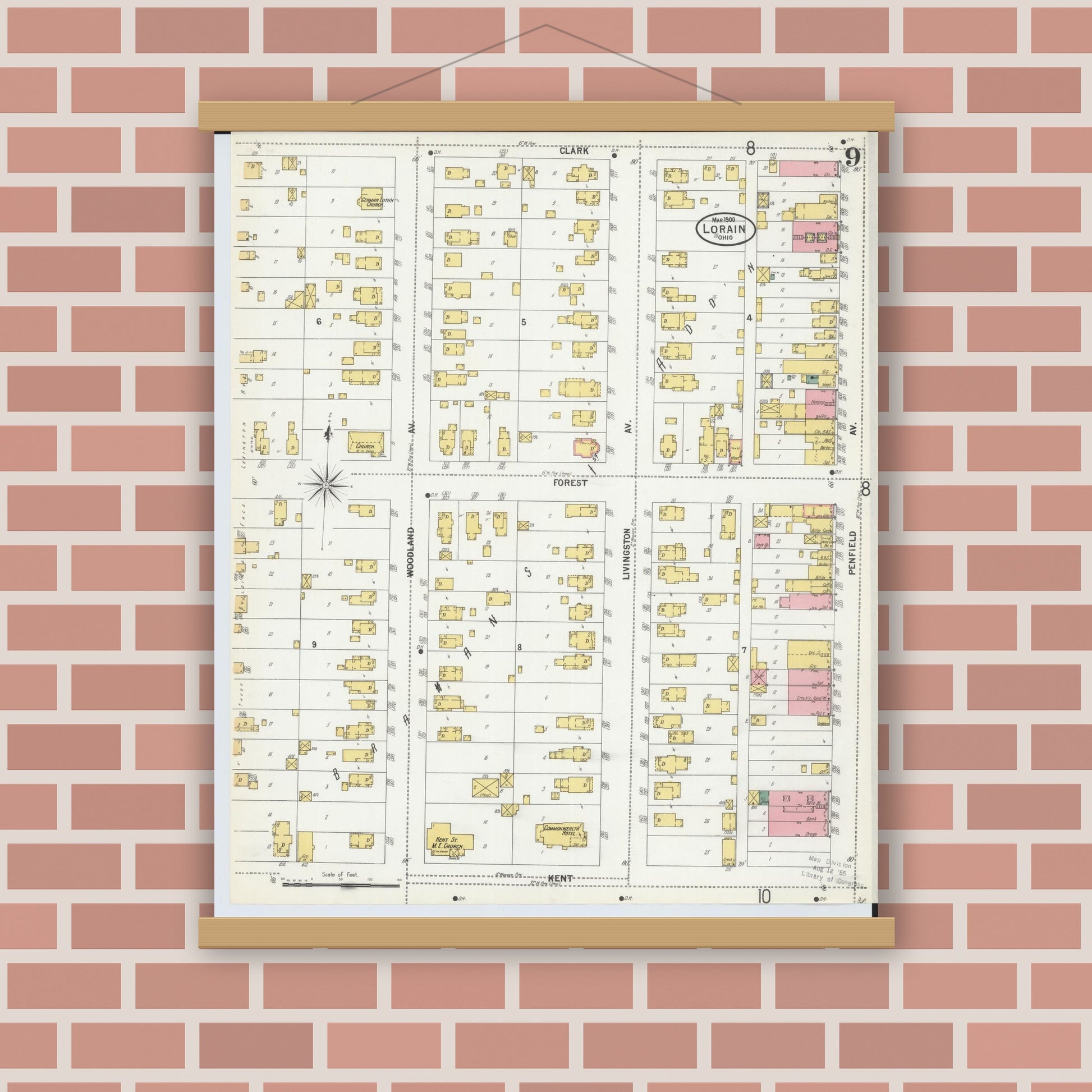 Old map wall art mockup — magnetic wood frame on brick wall — Sanborn Fire Insurance Map from Lorain, Lorain County, Ohio (1900), Sheet #0009