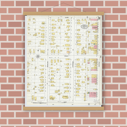 Old map wall art mockup — magnetic wood frame on brick wall — Sanborn Fire Insurance Map from Lorain, Lorain County, Ohio (1900), Sheet #0009