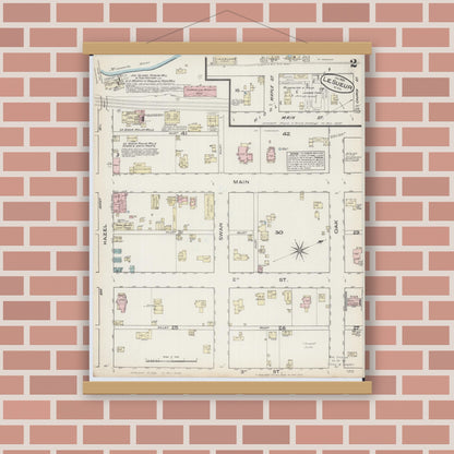 Old map wall art mockup — magnetic wood frame on brick wall — Sanborn Fire Insurance Map from Le Sueur, Le Sueur County, Minnesota (1885), Sheet #0002