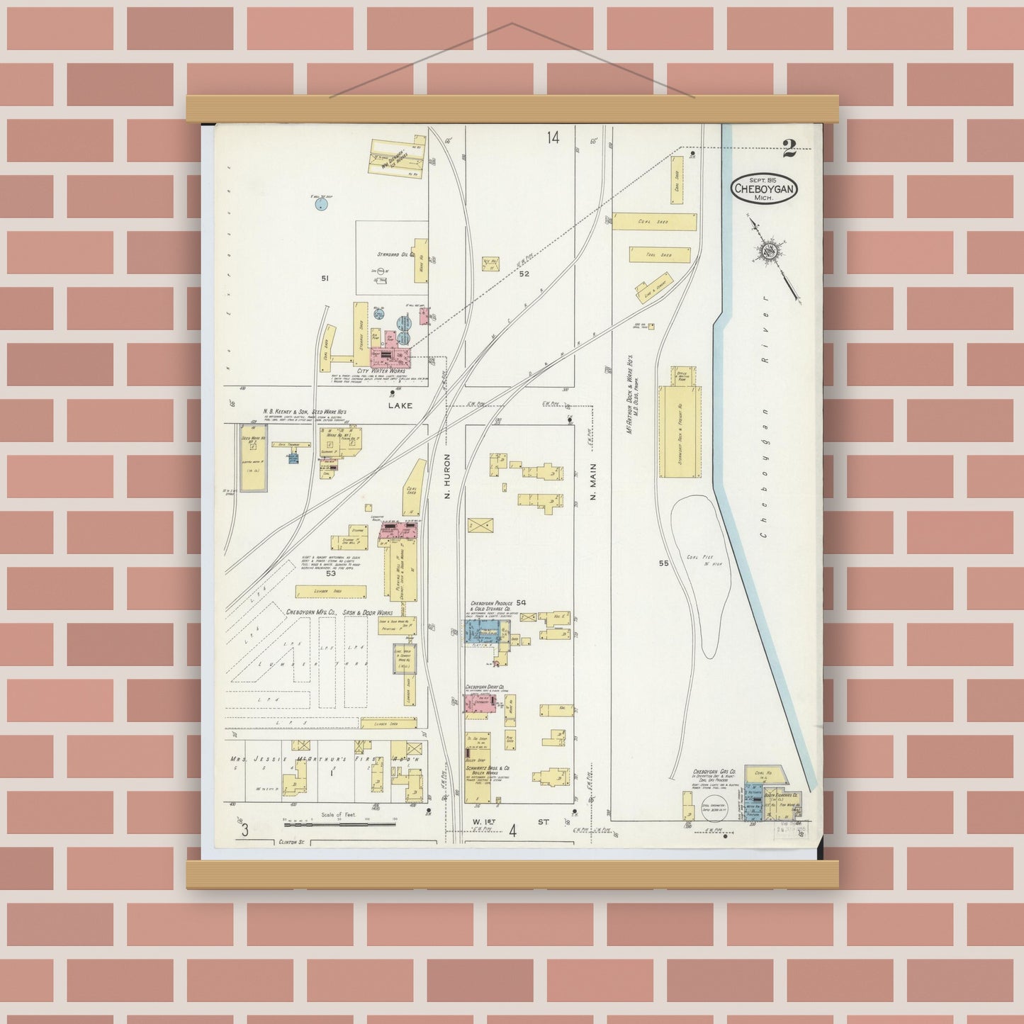 Old map wall art mockup — magnetic wood frame on brick wall — Sanborn Fire Insurance Map from Cheboygan, Cheboygan County, Michigan (1915), Sheet #0002