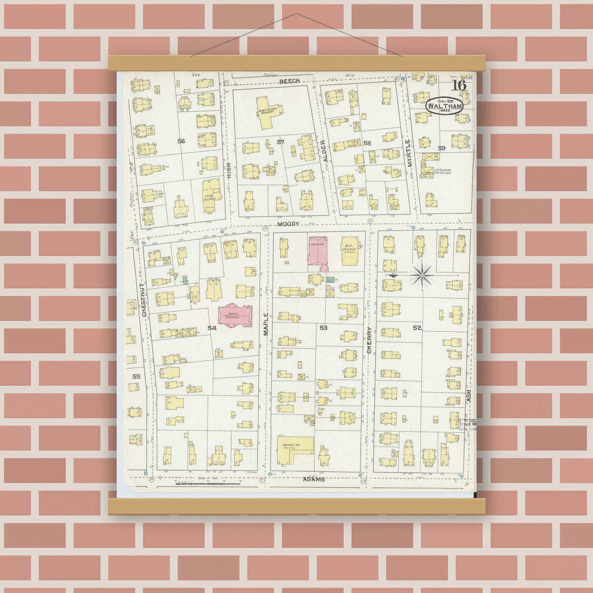 Old map wall art mockup — magnetic wood frame on brick wall — Sanborn Fire Insurance Map from Waltham, Middlesex County, Massachusetts (1892), Sheet #0016