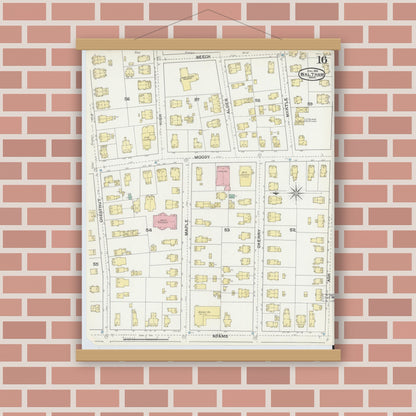 Old map wall art mockup — magnetic wood frame on brick wall — Sanborn Fire Insurance Map from Waltham, Middlesex County, Massachusetts (1892), Sheet #0016